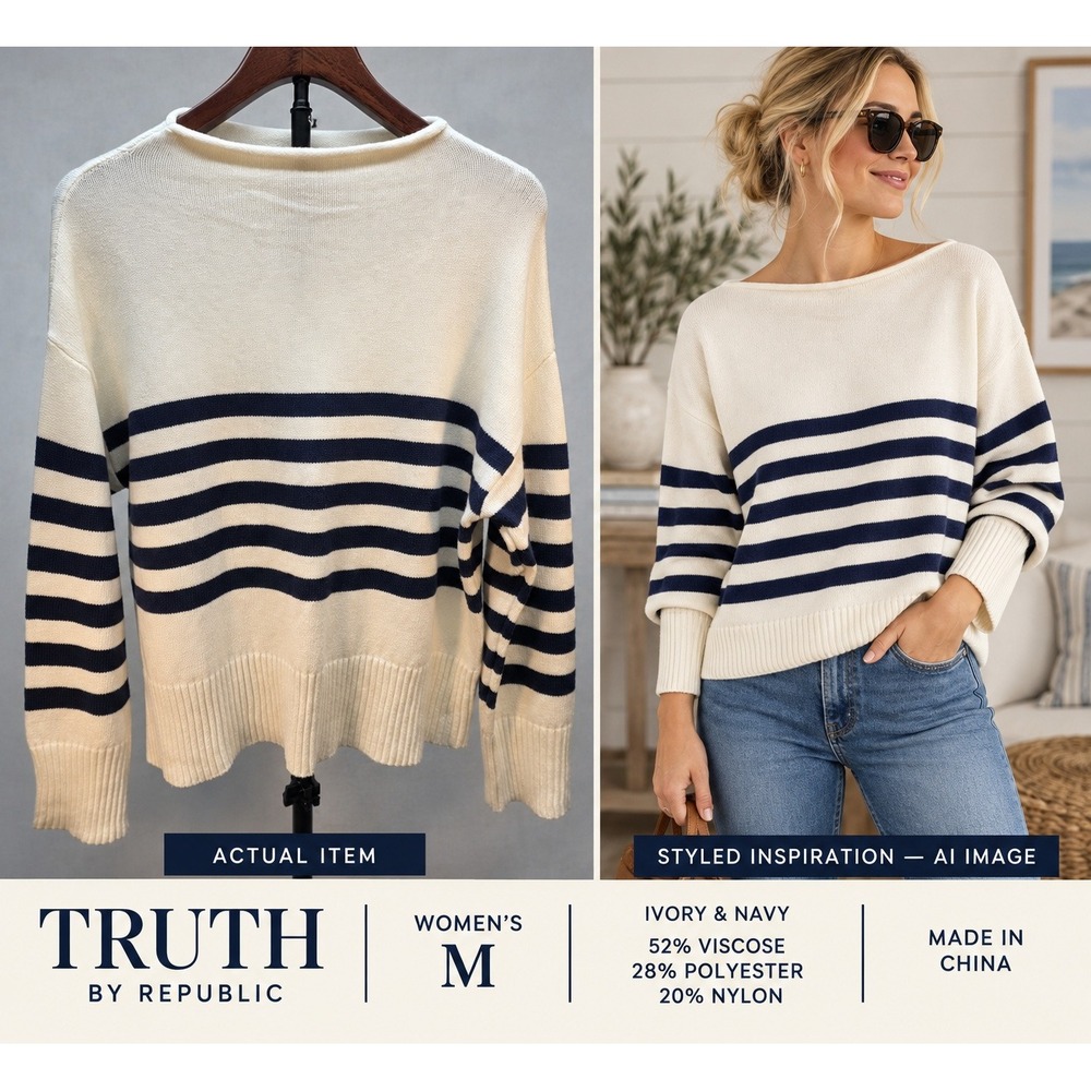 TRUTH by Republic Wonen's Striped Sweater Sz M Ivory Navy Blue Nautical Preppy